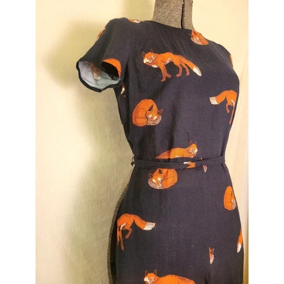 Modcloth‎ Red Fox Jumpsuit Romper Cropped Pant Tie Waist Navy Linen XS Funky - Picture 4 of 14